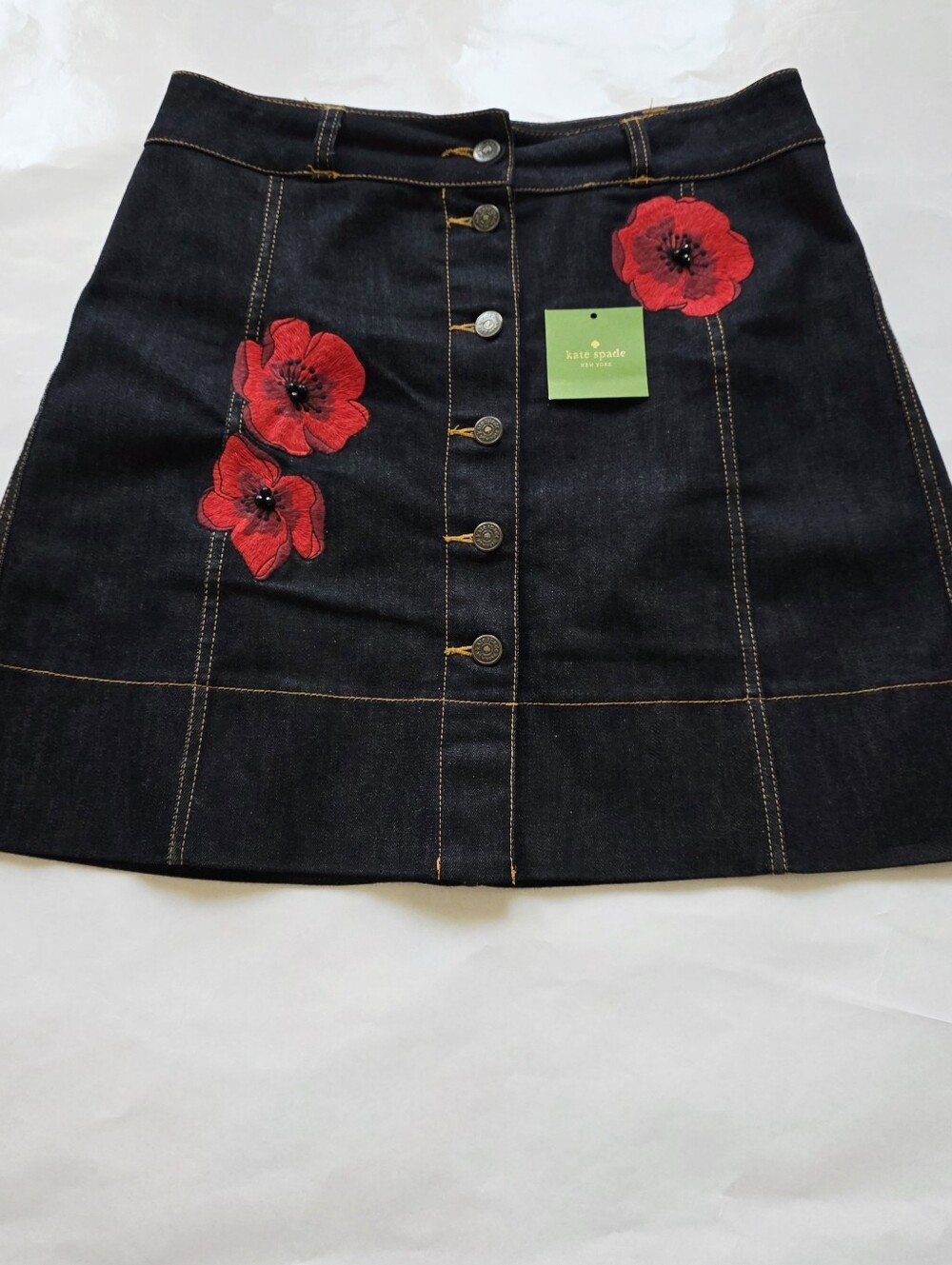 Kate Spade Broome Street Denim Poppy Embroidery A-Line Skirt Size 8